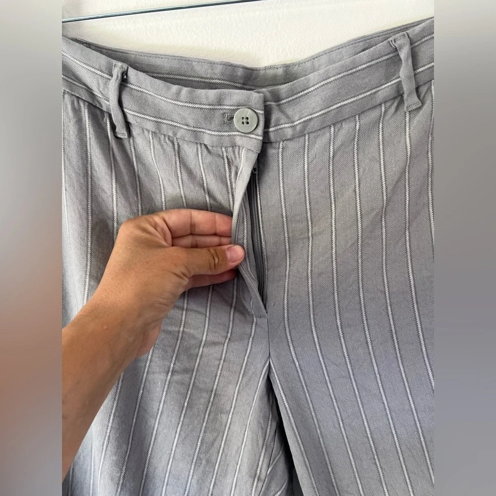 J. Jill‎ Linen Stretch Light Grey Striped Cropped Wide Leg Pants Size 14 Petite